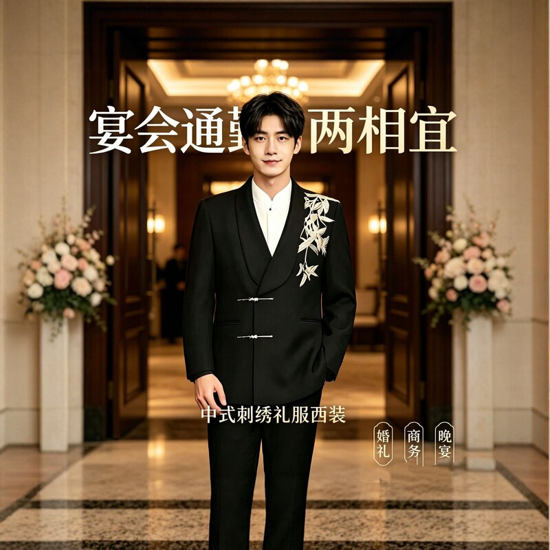 New Chinese-style, modernized Zhongshan suit for men, suitable for spring and autumn, with padded shoulders, featuring exquisite bamboo embroidery, and designed as an engagement outfit New Chinese-style, modernized Zhongshan suit for men, suitable for spring and autumn, with padded shoulders, featuring exquisite bamboo embroidery, and designed as an engagement outfit