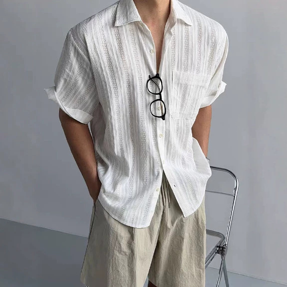 Japanese Retro Hollow Mesh Short-Sleeved Shirt for Men, Summer Lightweight Trendy Korean Style Versatile Loose Casual Shirt