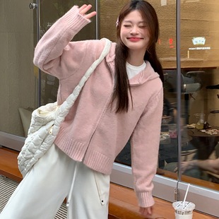 Korean style hooded double zipper knitted bottoming shirt for women short style autumn and winter new waist casual sweater cardigan jacket