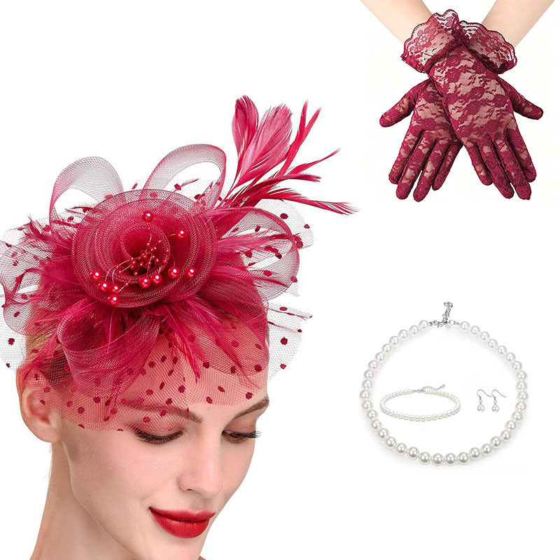 Amazon Feather Headpiece Set European and American Bridal Headwear Gloves Necklace Hair Accessories Headpiece Set Horse Racing Festival Headpiece