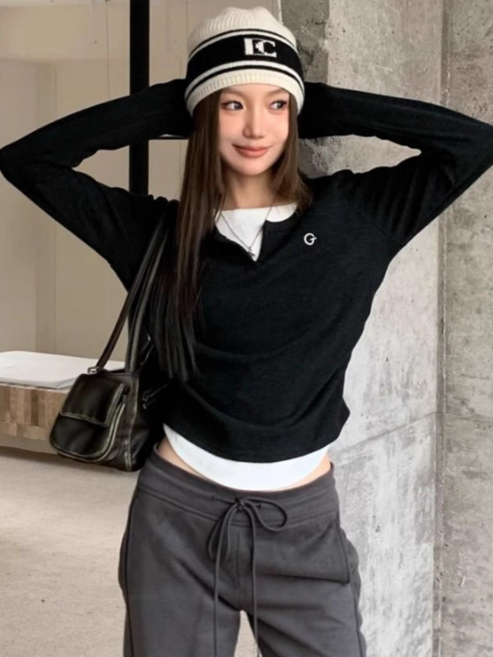 外贸新款假两件褶皱设计长袖T恤女秋冬时尚修身百搭打底上衣女T潮|undefined