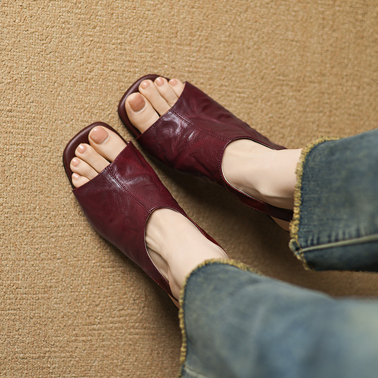 Sandal cao gót nữ hở mũi quai ngang gót vuông 7 cm mũi vuông phong cách Hàn — Đen và cao 7 cm chi tiết 7