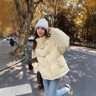 Short Horn-Button down Jacket for Women, Winter Petite White Duck down Puffer Coat, Thickened Warm Outerwear, European and American Style