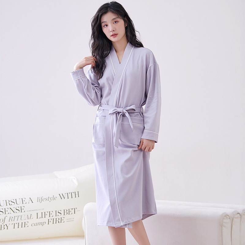 Nightgown Women's Autumn Long-sleeved Cardigan Lace-up Pure Cotton Simple Solid Color Comfortable Women's Pure Cotton Bathrobe Pajamas Spring and Autumn