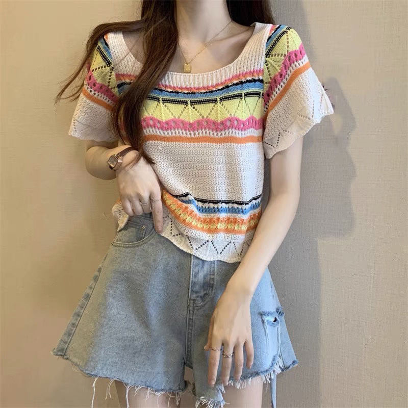 短いタイプの百円襟の甘い半袖tシャツの女性の夏の新型はやせて薄いニットの服がお腹を覆います。|undefined