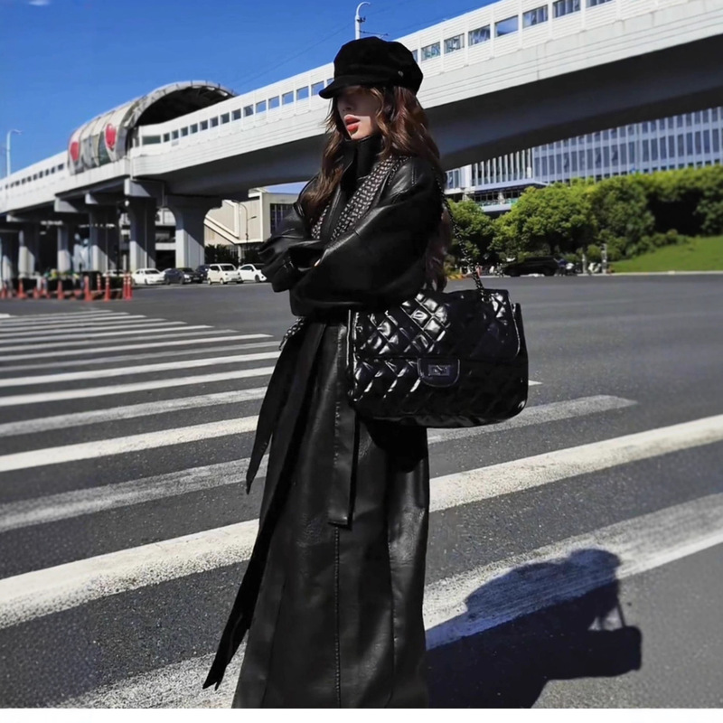 高级感立领pu皮衣外套中长款女2025秋冬气质系带复古红色风衣大衣|undefined