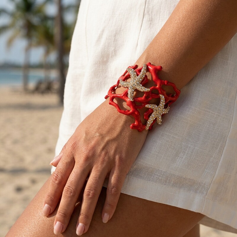 European and American Style Personalized Red Coral Texture Open Bracelet, Light Luxury Starfish Ocean Element Enamel Wide Personalized Bracelet