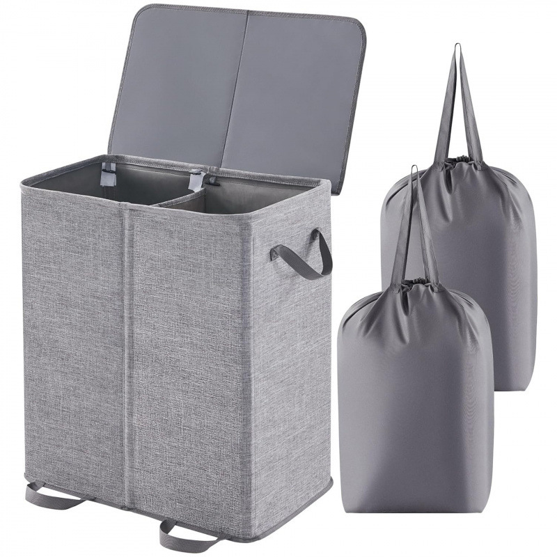 Double-Layer Laundry Basket with Lid and Removable Laundry Bag, Large Foldable Compartment Dirty Clothes Basket with Handle