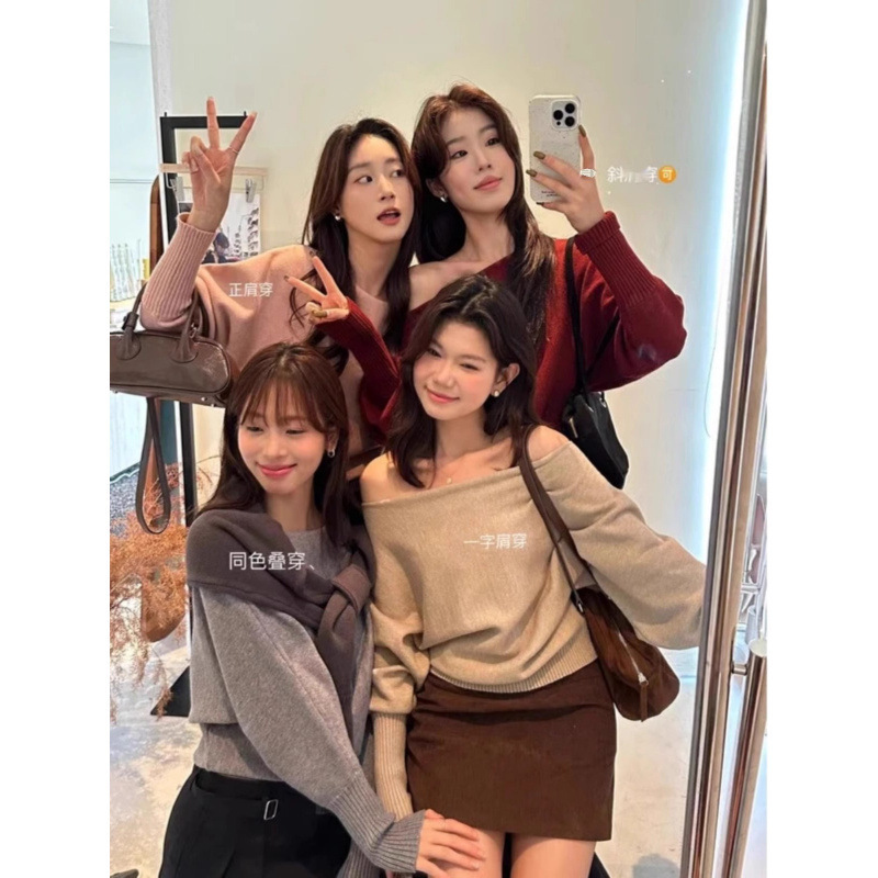 Korean Style Gentle One-Shoulder Lantern Sleeve Right Shoulder Knitwear Spring & Fall Elegant Single Wear Loose Slanted Shoulder Top for Women Korean Style Gentle One-Shoulder Lantern Sleeve Right Shoulder Knitwear Spring & Fall Elegant Single Wear Loose Slanted Shoulder Top for Women