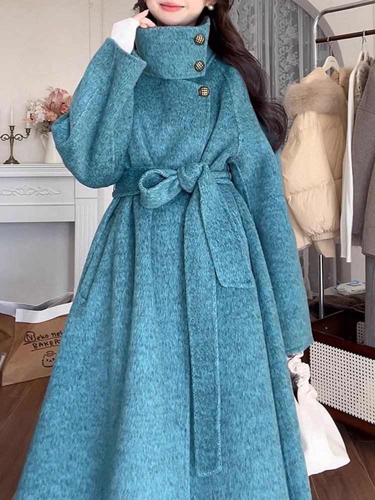Lanyu Bay 2025 Long-Sleeved New Stand-Up Collar Double-Sided Wool Outwear Women's Long Lace-Up Cashmere Outwear
