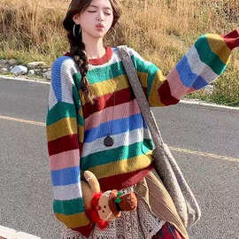 秋冬季新款圆领针织衫女彩虹条纹韩版宽松大码拼色毛衣打底衫女装