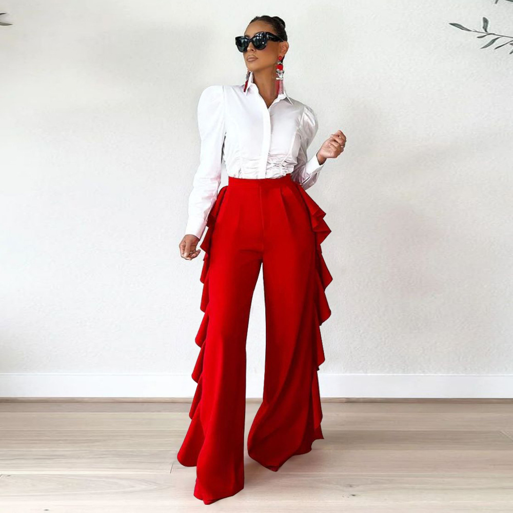 Women's Ruffled High-Waisted Wide Leg Pants Casual Formal High Waist Trousers For Spring Autumn Summer Regular Fit Polyester_ecoleips.com