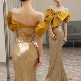 金色晚礼服女修身大蝴蝶宴会主持高端轻奢众年会亮片鱼尾裙敬酒服