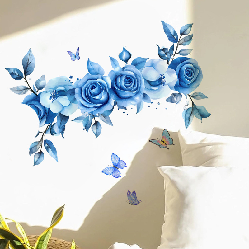 Cross-Border Blue Flower Decoration Toilet Bathtub Living Room Bedroom Study Kitchen Entrance Self-Adhesive Removable Wall Sticker