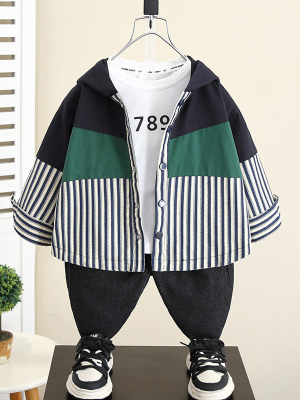 5829 chaqueta de niño primavera y otoño 2025 nueva chaqueta con capucha a rayas de otoño para niños coreanos top casual de bebé