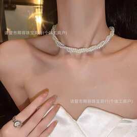 3-4mm近圆强光微瑕天然高品质淡水baby珍珠14k注金8字扣三层叠戴