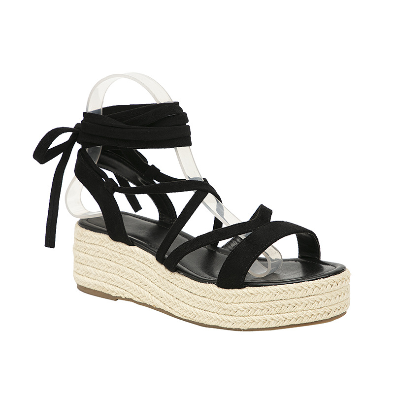 Sandalias de comercio exterior nuevas mujeres con ataduras de dedos abiertos 100 laderas y sandalias fiesta de ocio zapatos de mujer de cuerda de cáñamo de paja de fondo grueso