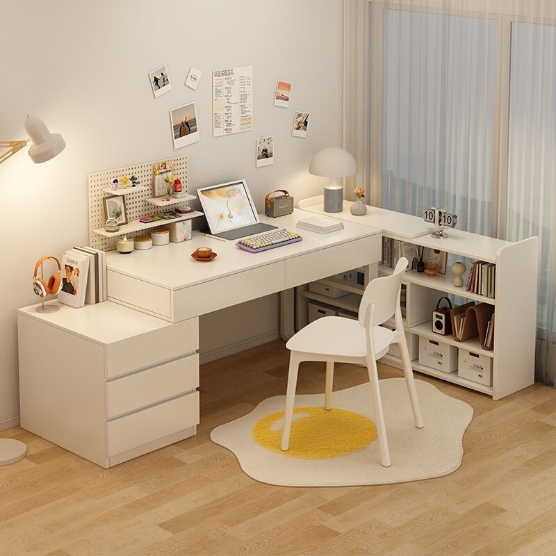 Corner Cream-Style Integrated L-Shaped Computer Desk for Students, Home Study Desk, Makeup Table and Chair, Girls' Bedroom Desk