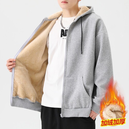 Overseas Brand Fleece-lined Thick Winter Cap Hooded Lamb Wool Men's Unisex Pullover Sweatshirt Men's Warm Trendy Top