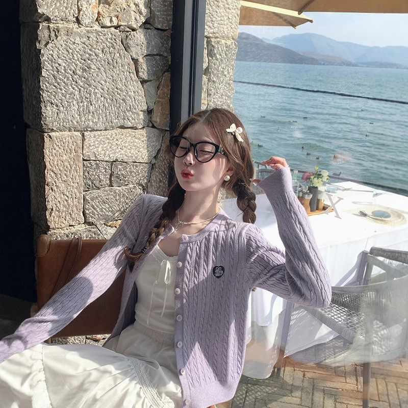 Twist-Knit Cardigan for Women 2025 New Soft and Cozy Spring and Autumn Embroidered Heart Outerwear Purple Sweater Coat Early Autumn