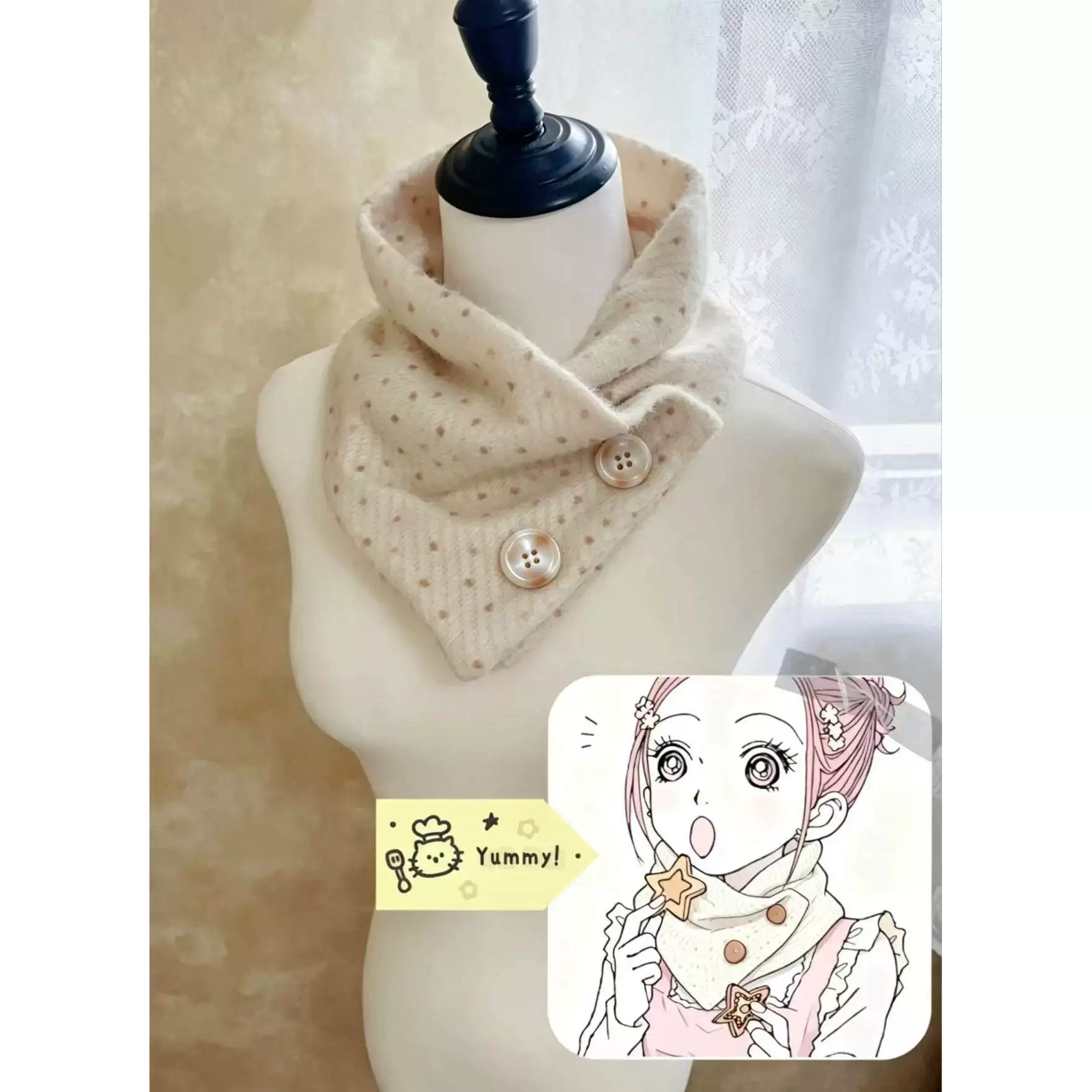 New handmade, soft, and gentle mist-effect Nana-style neck warmer scarf for women, featuring a fluffy and cute polka dot design, perfect for keeping warm in autumn and winter