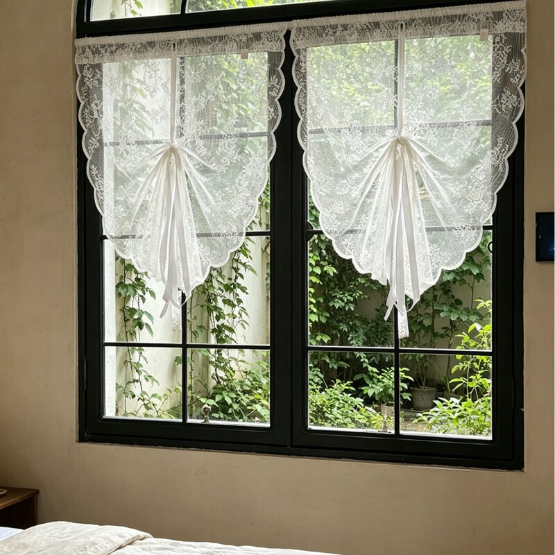 Lace Short Curtain Kitchen Coffee Curtain Half Curtain French Style Pull Curtain No-Drill Finished Product Wholesale Light Luxury Home Balcony Sheer Curtain