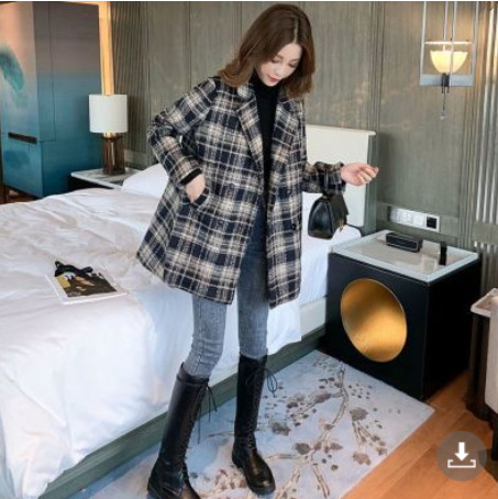 Abrigo de lana para mujer Otoño e Invierno 2022 nuevo traje a cuadros retro estilo coreano suelto todo partido abrigo de lana de longitud media image 5