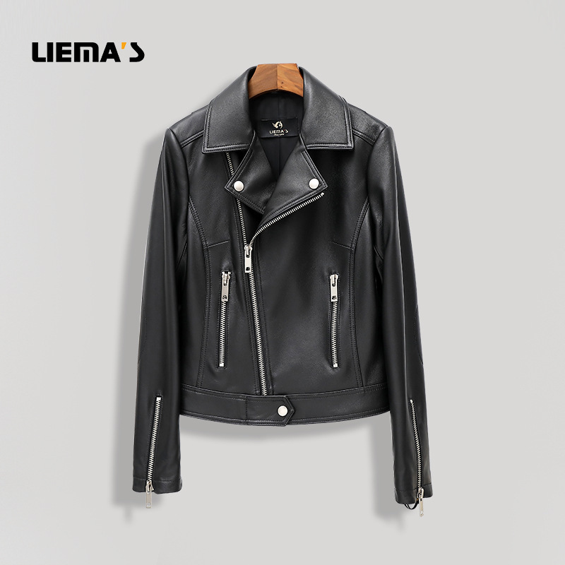 Haining Autumn and Winter Goatskin Genuine Leather Jacket Women's Jacket Slim Korean Style Lapel Motorcycle Jacket Short Jacket in Stock