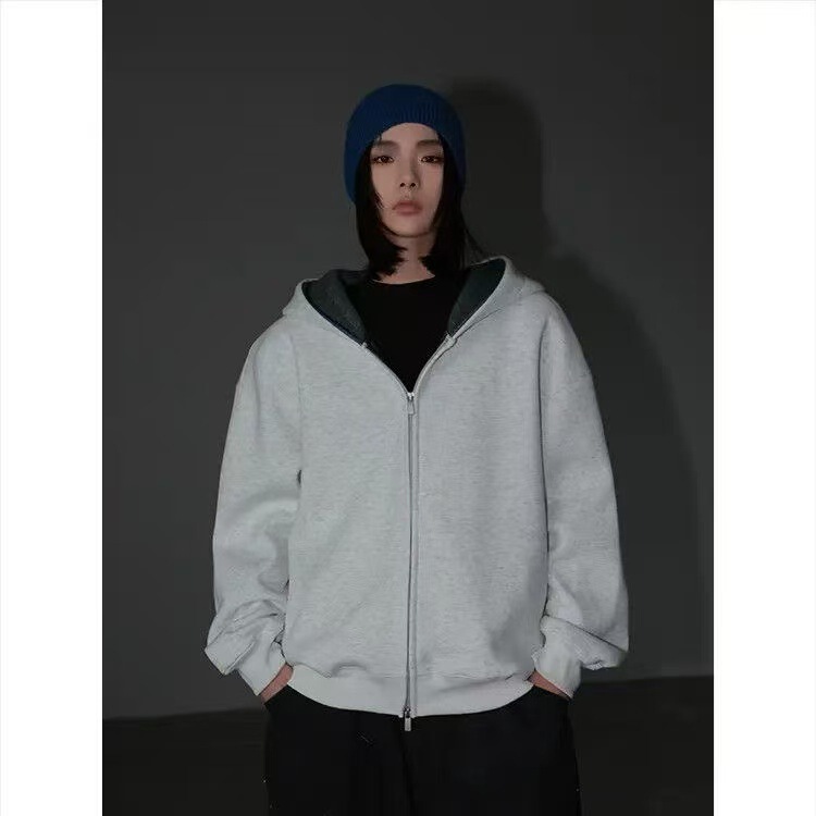 2025 Autumn Heavy Weight Cardigan Sweatshirt Men's Autumn Double Zipper Hall Hoodie Boxy Short Stiff Outer