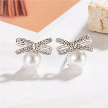 抖音热款天然微镶满钻珍珠耳钉女法式优雅气质时尚百搭蝴蝶结耳饰