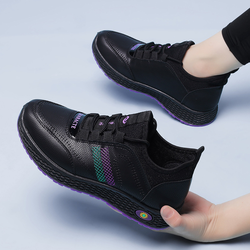 加工定制2024秋季韩版百搭休闲鞋软底耐磨运动鞋皮面潮流跑步鞋女