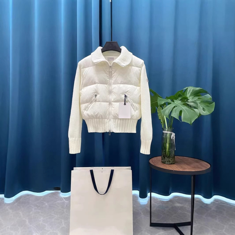 High-End Version of Mengjia Cardig Women's Knitted down Jacket with Embroidered Logo on the Back, Cream-Colored Puffer Jacket