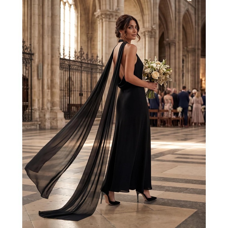 New French Hepburn-style black sleeveless halter neck cape with flowing chiffon skirt, bridal wedding and banquet attire