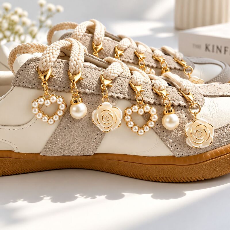 Cross-border pearl rose heart-shaped shoelace charms, DIY bag accessories, gold-colored keychains, creative accessories, wholesale Cross-border pearl rose heart-shaped shoelace charms, DIY bag accessories, gold-colored keychains, creative accessories, wholesale