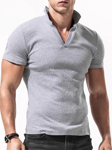 Men's Short Sleeve T-Shirt with Collar, Slim Fit, Tight Fit, Solid Color V-Neck, Elastic, American Style Polo Shirt, Men's Top, Summer, Solid Color