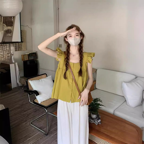 Hot girl 2025 plaid solid color exposed navel new square collar shirt chiffon French short Feifei sleeves short-sleeved summer dress