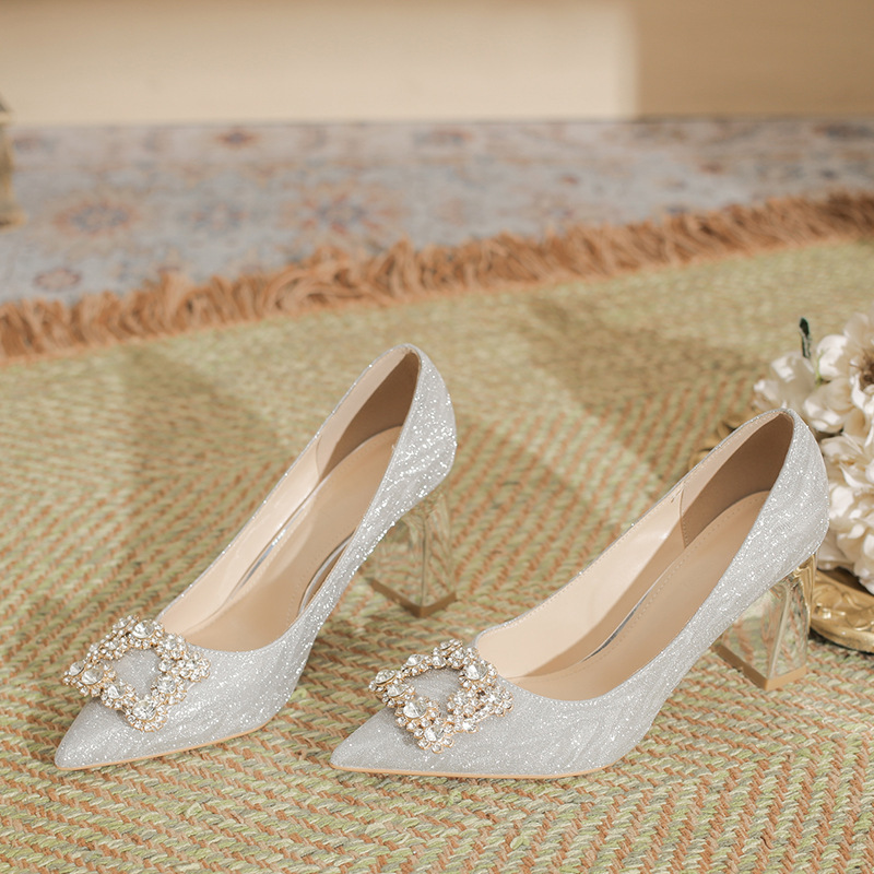 Wedding Shoes Women's Thick Heel Crystal High Heels Thick Heel 2025 New Pointed Toe Bridal Wedding Shoes Silver Rhinestone Maternity Shoes
