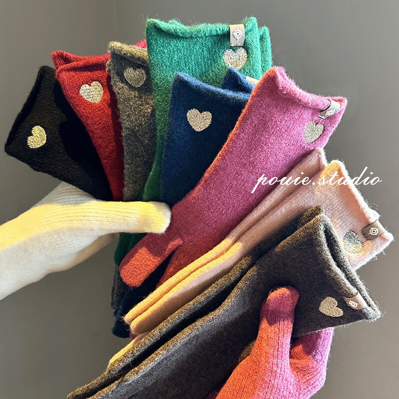 Korean Order Includes 5.3% Wool Knitted Wool Gloves for Women in Winter, Warm and High-End, Retro Heart, Touch Screen