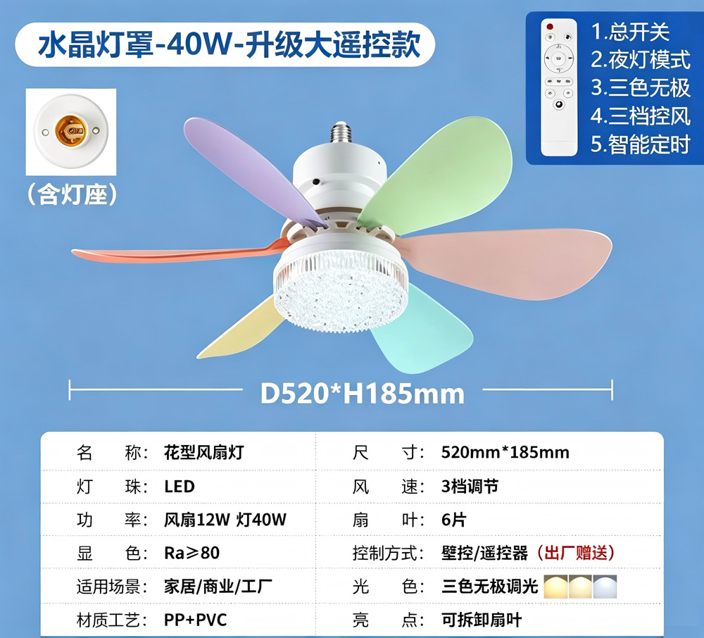 Ventilador de Techo con Luz E27 de ABS Silencioso para Comedor y Dormitorio