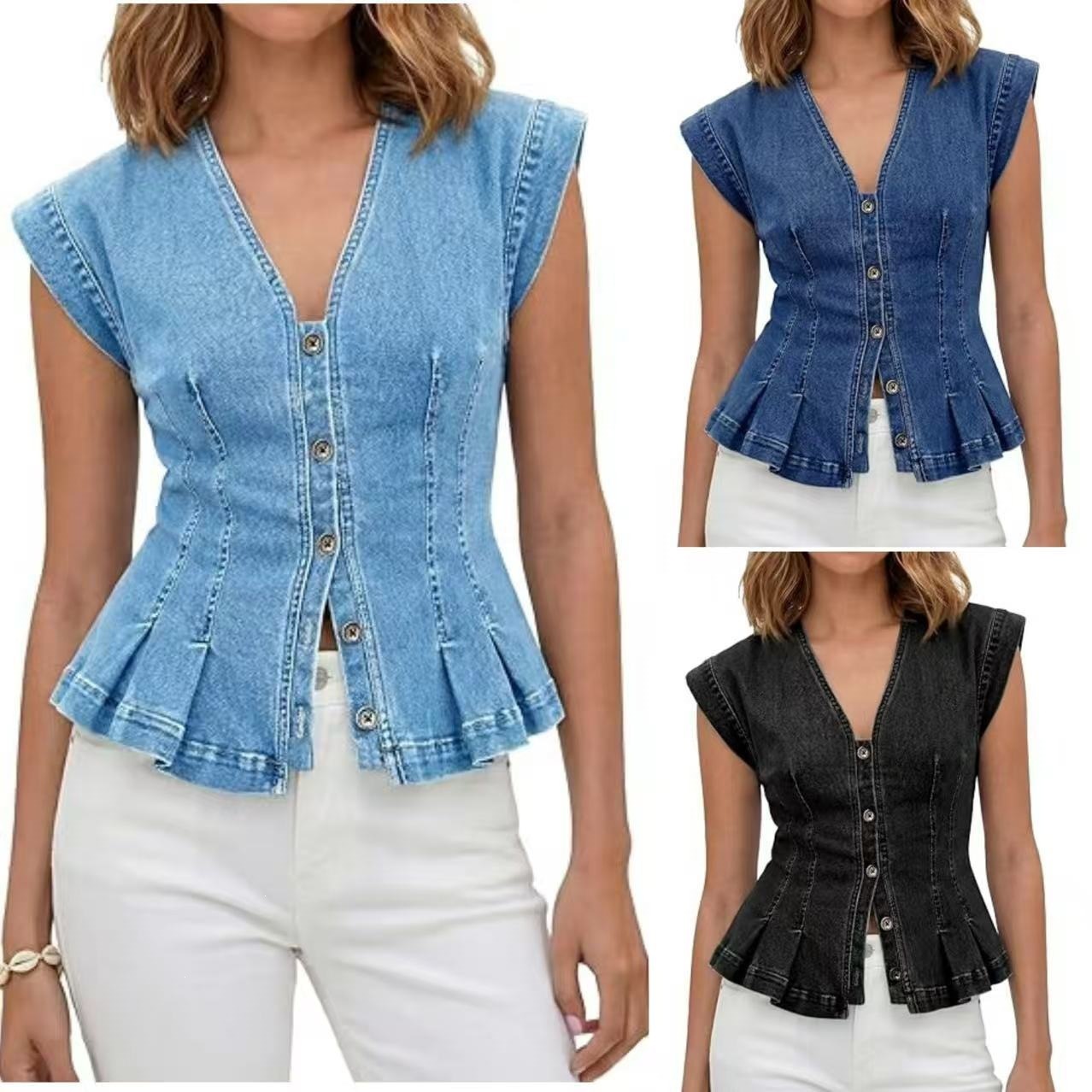 European and American Cross-Border Women's V-Neck Denim Vest Top, Fashionable Casual Buttoned Slim-Fit Pleated Sleeveless Denim Top
