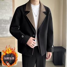 秋冬假两件加厚上衣男士感痞帅双层领撞色休闲拼接呢子外套潮上衣