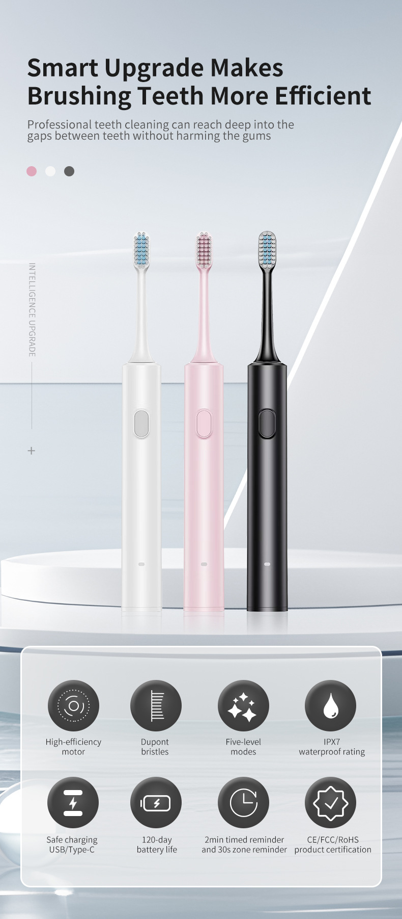 Brosse à dents électrique pour adultes – 5 modes, 30 000 à 39 999 vibrations/min, poils ultra-doux, autonomie de plus de 50 jours, chargement USB_voghion.com