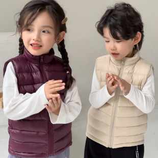2025 Boys, Girls, Small, Medium and Large Children's Clothing Children's Lightweight Waistcoat Stand Collar Solid Color Warm Velvet Silk Vest Feather Silk
