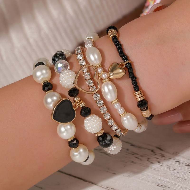 Cross-Border European and American 5-Piece Bracelet Set, Imitation Pearl Handmade Beaded Women's Bohemian Fashion Oil-Drip Peach Heart Bracelet for Women Cross-Border European and American 5-Piece Bracelet Set, Imitation Pearl Handmade Beaded Women's Bohemian Fashion Oil-Drip Peach Heart Bracelet for Women