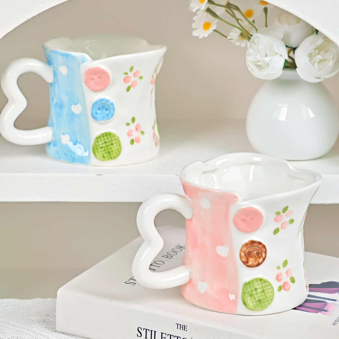 陶瓷杯碟创意ins风新品小众高颜值手捏手绘纽扣马克杯