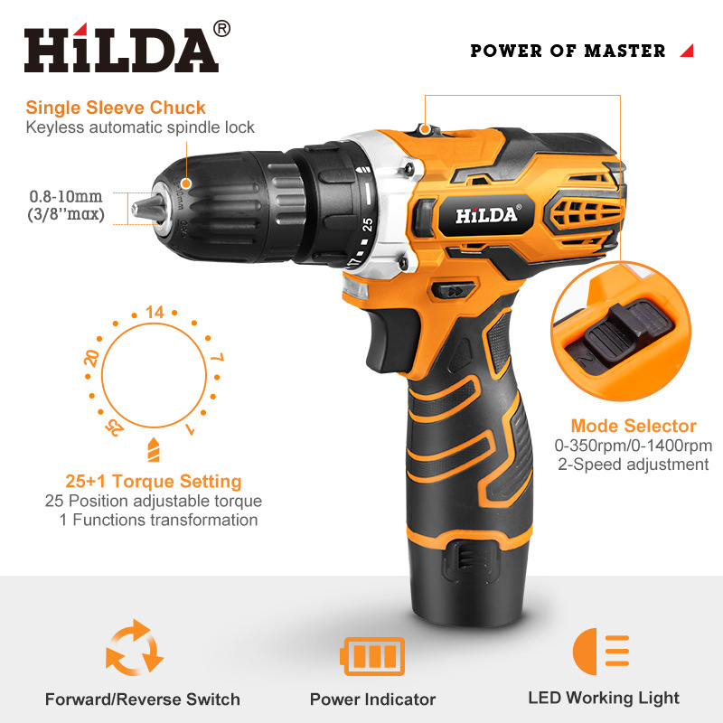 Hilda en stock recargable impacto taladro batería de litio mano taladro hogar al por mayor destornillador eléctrico Accesorios