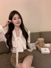 法式丝绸缎面垫肩长袖衬衫女秋季白色衬衣设计感小众系带通勤上衣