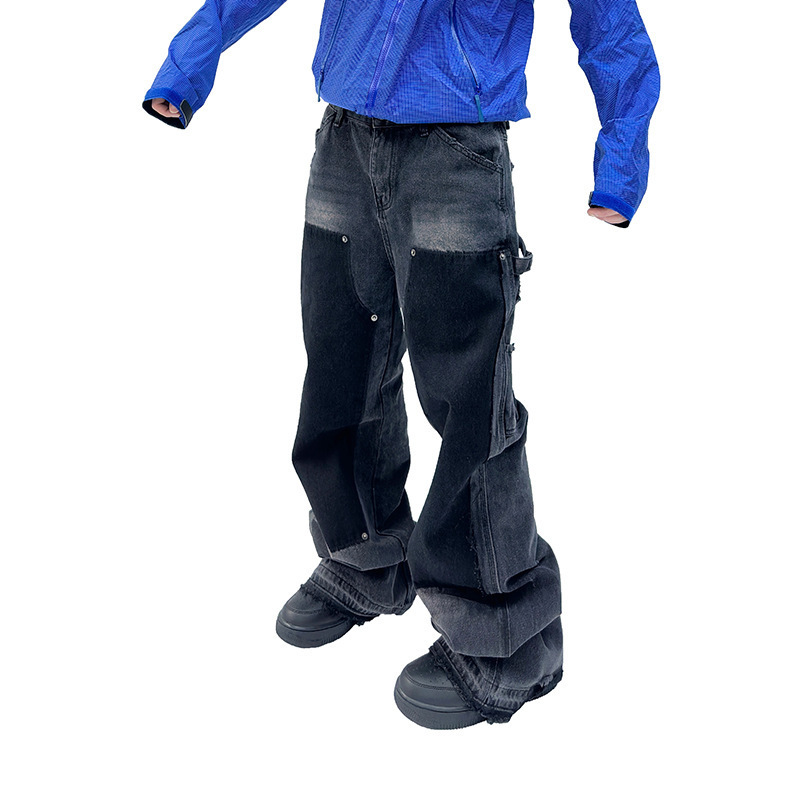 2024 Knee Washed Design Rivet Destruction Tassel Micro-Lavafite Tooling Pocket Jeans Trendy cleanfit