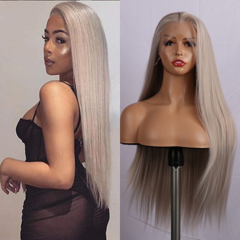 Amazon cross-border new European and American fashion gray long straight hair wig front lace style wig full head cover
