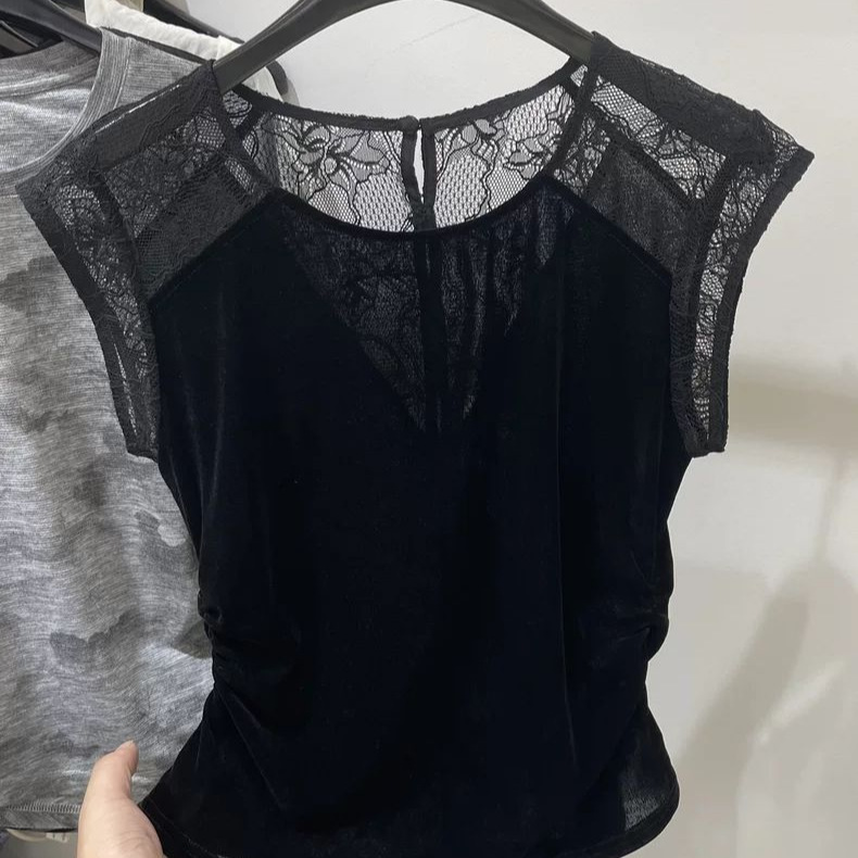 Designed Lace Splicing Velvet Flying Sleeve Pleated T-Shirt for Women 2025 Summer New Slim Fit Fat mm Bottoming Shirt